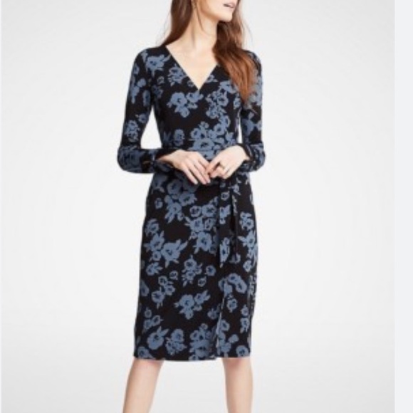 Ann Taylor Dresses & Skirts - Ann Taylor Women 8 Jersey Wrap Dress Floral Black Grey Stretch Career #456491